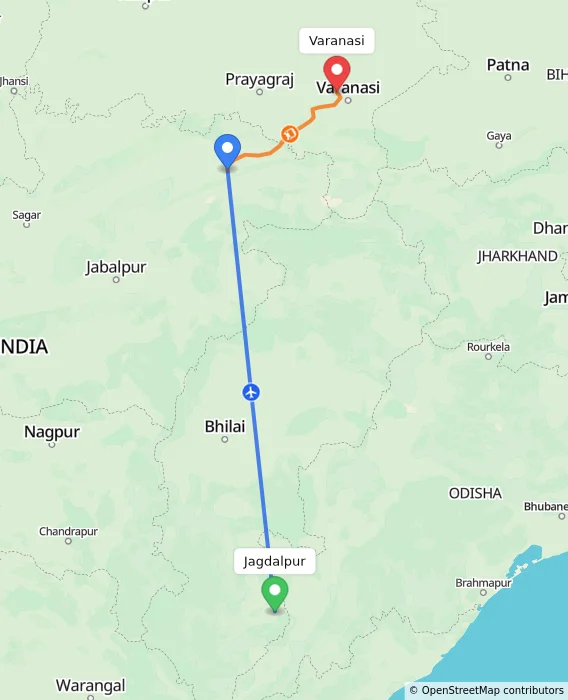 Route map showing distance and travel time from Jagdalpur, India to Varanasi, India