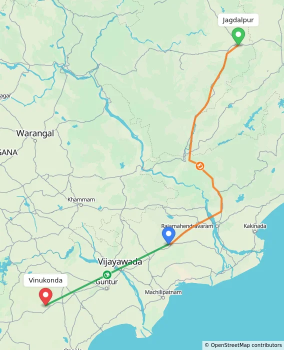 Route map showing distance and travel time from Jagdalpur, India to Vinukonda, India