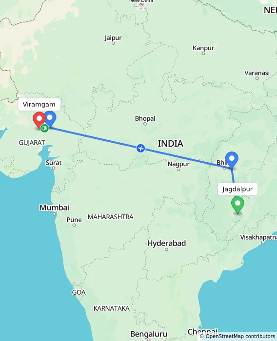 Route map showing distance and travel time from Jagdalpur, India to Viramgam, India