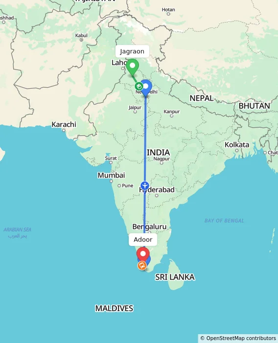 Route map showing distance and travel time from Jagraon, India to Adoor, India