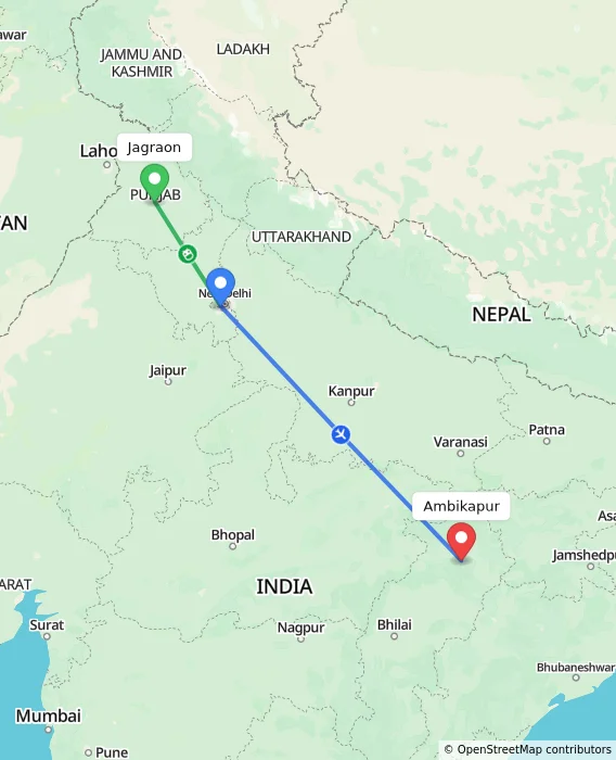 Route map showing distance and travel time from Jagraon, India to Ambikapur, India
