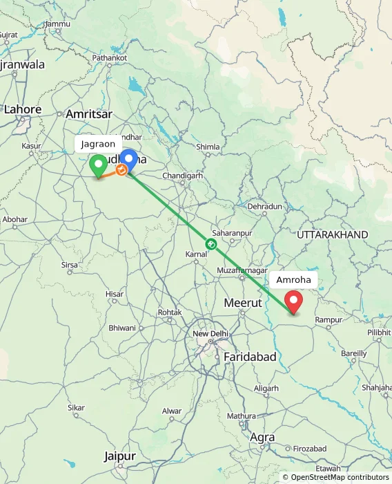 Route map showing distance and travel time from Jagraon, India to Amroha, India