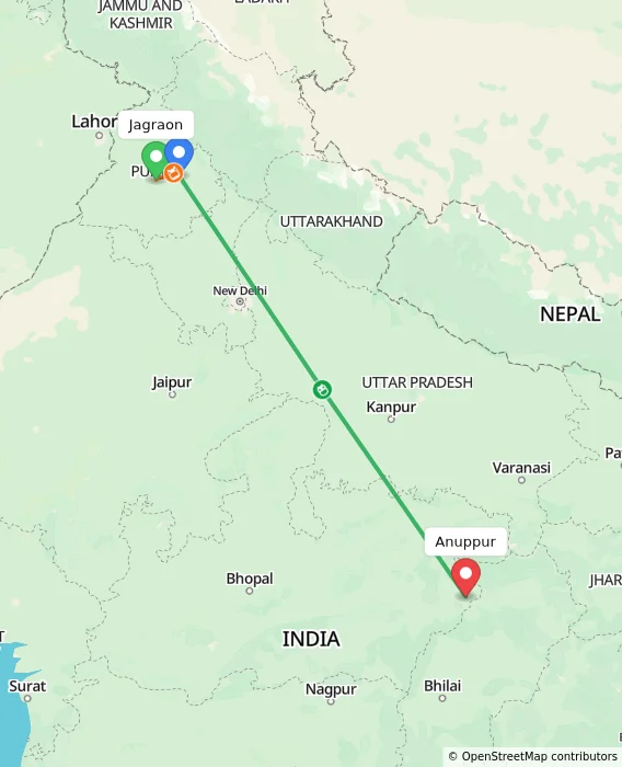 Route map showing distance and travel time from Jagraon, India to Anuppur, India