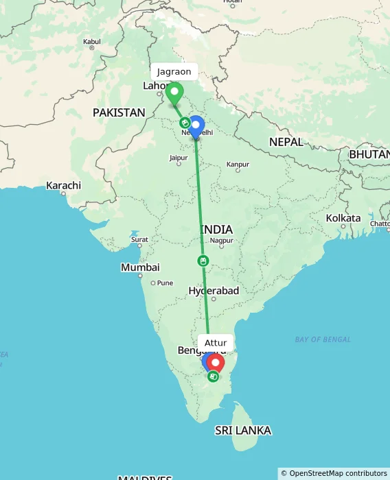 Route map showing distance and travel time from Jagraon, India to Attur, India