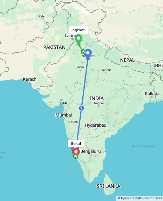 Route map showing distance and travel time from Jagraon, India to Bekal, India