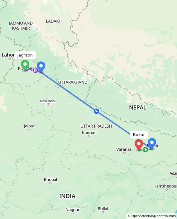 Route map showing distance and travel time from Jagraon, India to Buxar, India