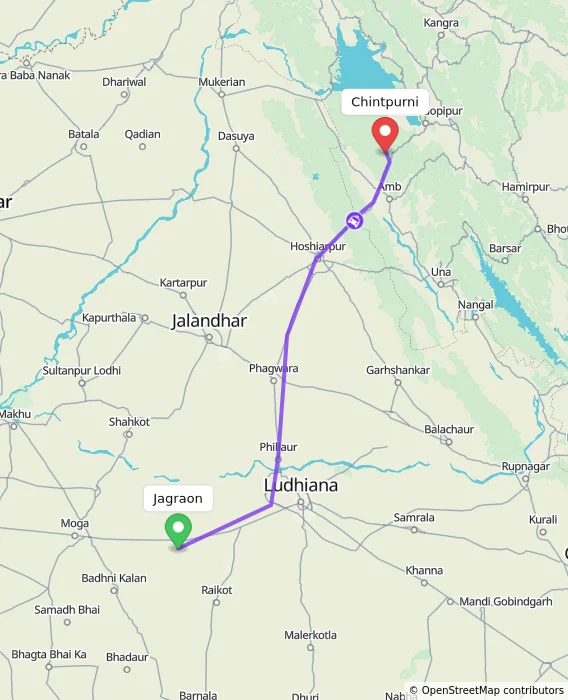 Route map showing distance and travel time from Jagraon, India to Chintpurni, India