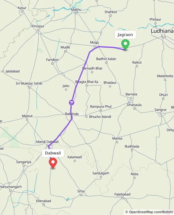 Route map showing distance and travel time from Jagraon, India to Dabwali, India