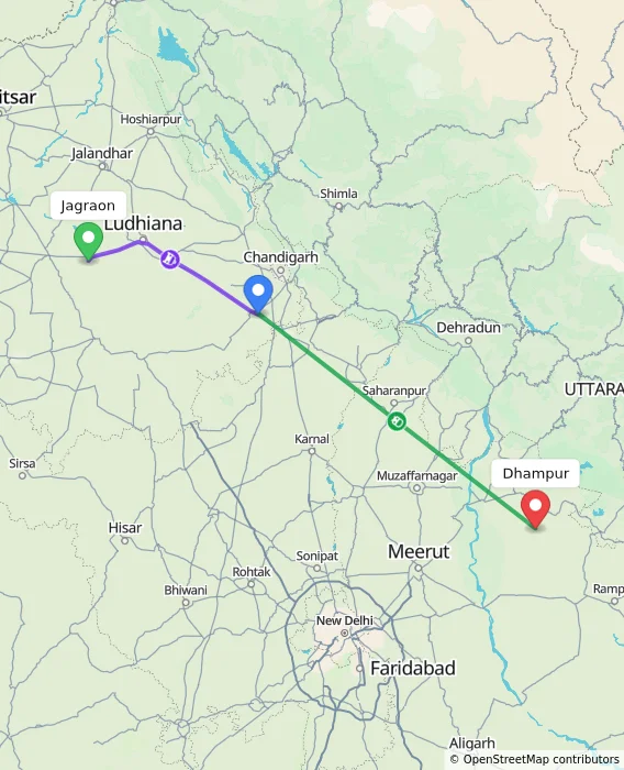 Route map showing distance and travel time from Jagraon, India to Dhampur, India