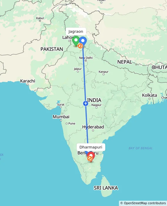 Route map showing distance and travel time from Jagraon, India to Dharmapuri, India