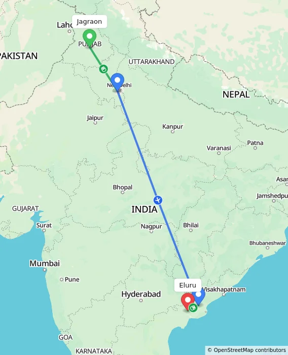 Route map showing distance and travel time from Jagraon, India to Eluru, India