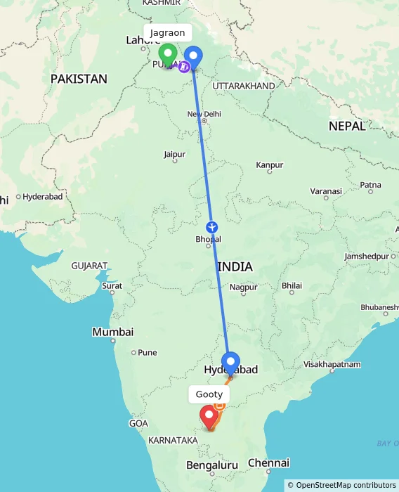Route map showing distance and travel time from Jagraon, India to Gooty, India