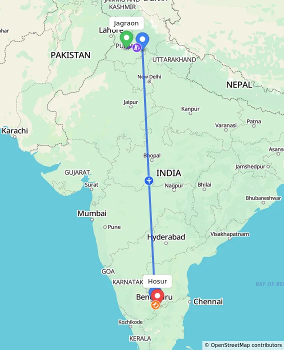 Route map showing distance and travel time from Jagraon, India to Hosur, India