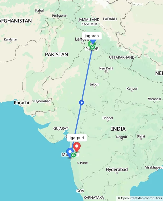 Route map showing distance and travel time from Jagraon, India to Igatpuri, India