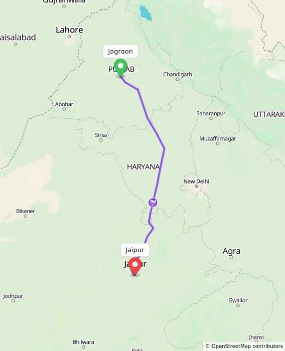Route map showing distance and travel time from Jagraon, India to Jaipur, India