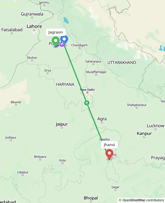 Route map showing distance and travel time from Jagraon, India to Jhansi, India