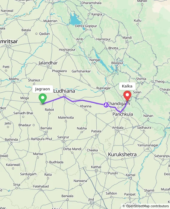 Route map showing distance and travel time from Jagraon, India to Kalka, India