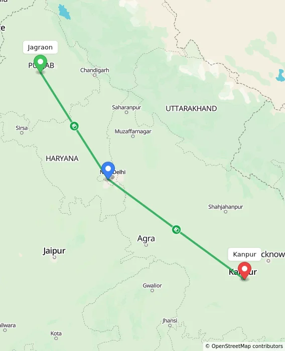 Route map showing distance and travel time from Jagraon, India to Kanpur, India