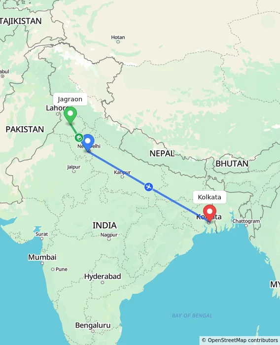 Route map showing distance and travel time from Jagraon, India to Kolkata, India