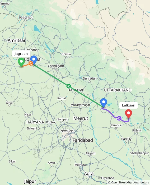 Route map showing distance and travel time from Jagraon, India to Lalkuan, India
