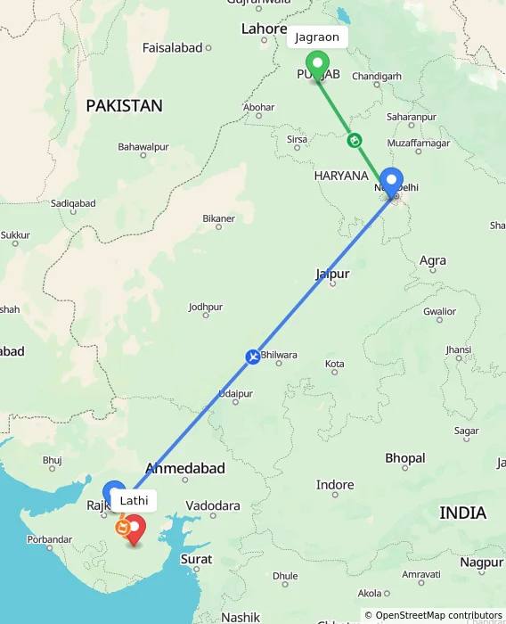 Route map showing distance and travel time from Jagraon, India to Lathi, India