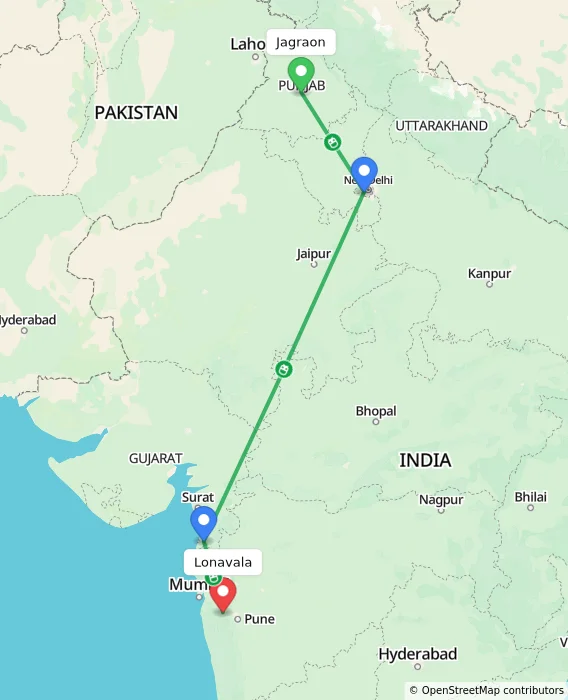 Route map showing distance and travel time from Jagraon, India to Lonavala, India