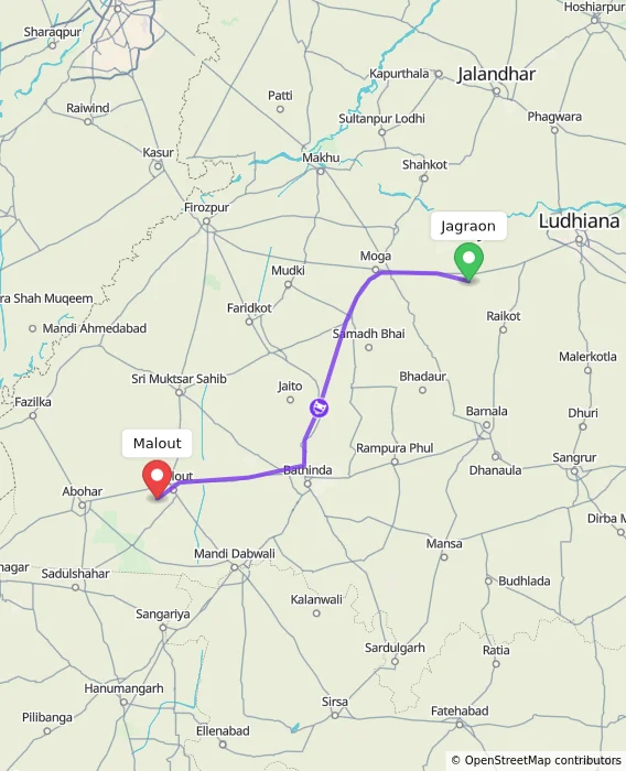 Route map showing distance and travel time from Jagraon, India to Malout, India