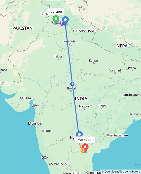 Route map showing distance and travel time from Jagraon, India to Markapur, India