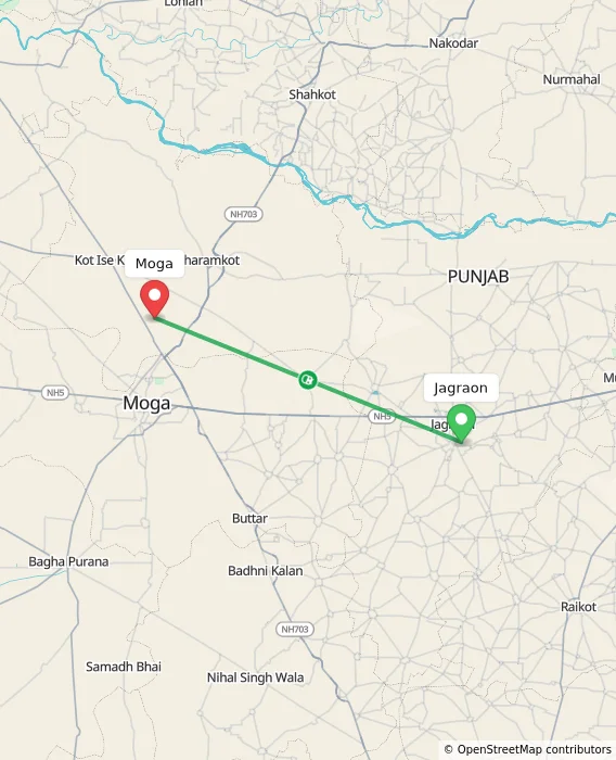 Route map showing distance and travel time from Jagraon, India to Moga, India