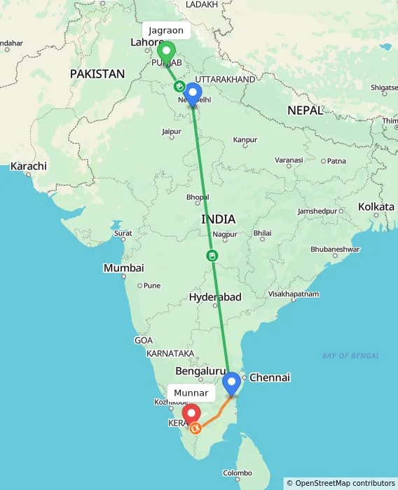 Route map showing distance and travel time from Jagraon, India to Munnar, India