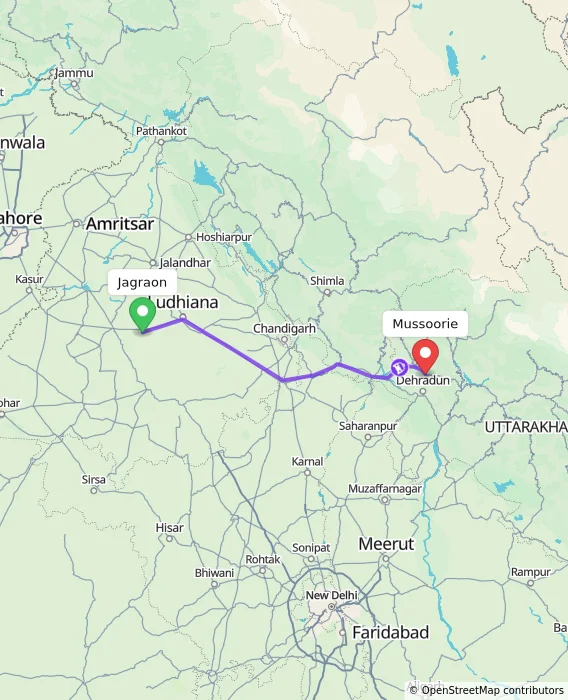 Route map showing distance and travel time from Jagraon, India to Mussoorie, India