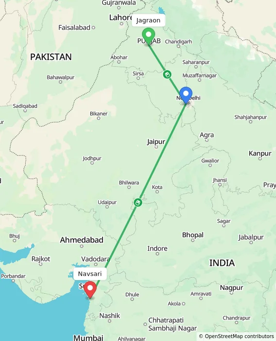 Route map showing distance and travel time from Jagraon, India to Navsari, India