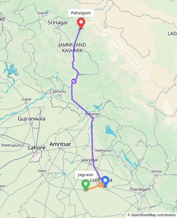 Route map showing distance and travel time from Jagraon, India to Pahalgam, India