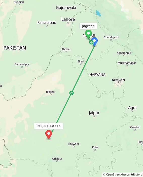 Route map showing distance and travel time from Jagraon, India to Pali, Rajasthan, India