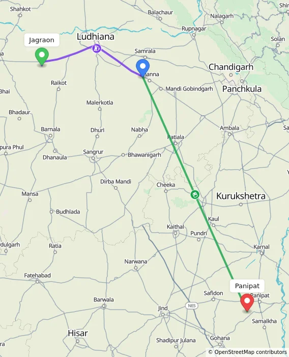 Route map showing distance and travel time from Jagraon, India to Panipat, India