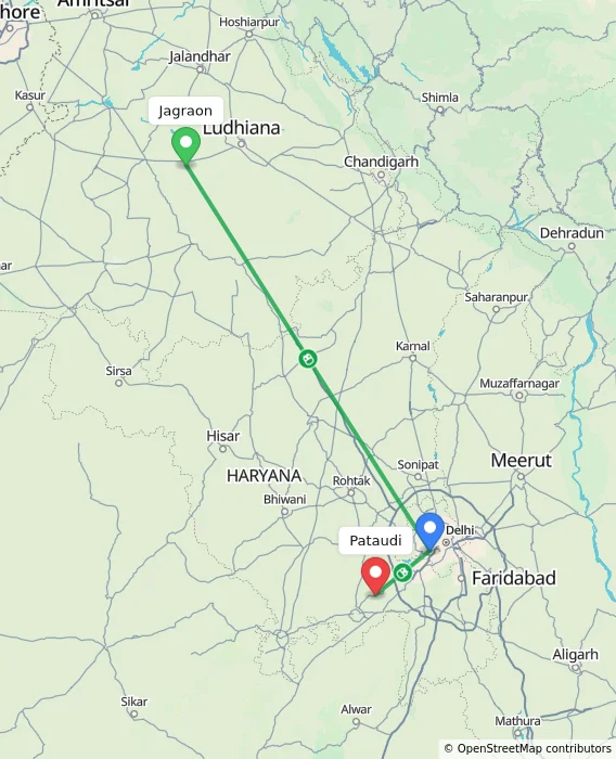 Route map showing distance and travel time from Jagraon, India to Pataudi, India