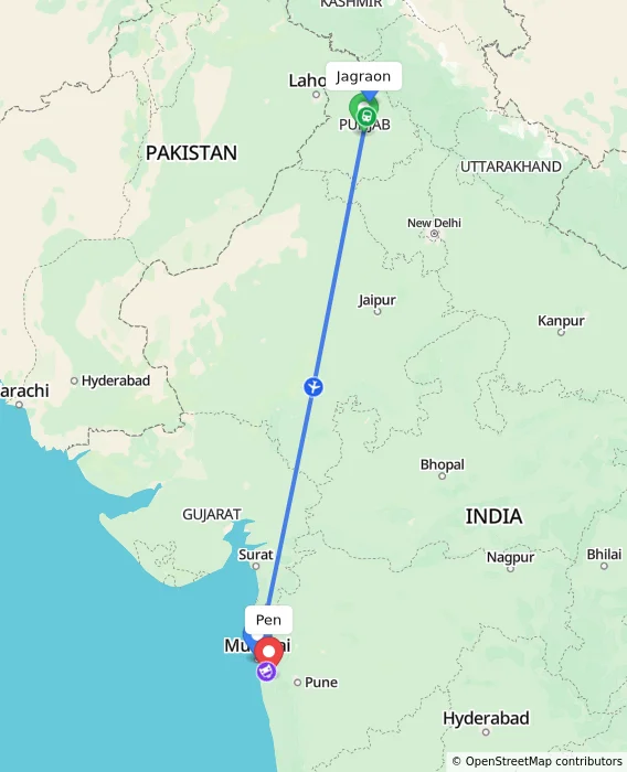 Route map showing distance and travel time from Jagraon, India to Pen, India