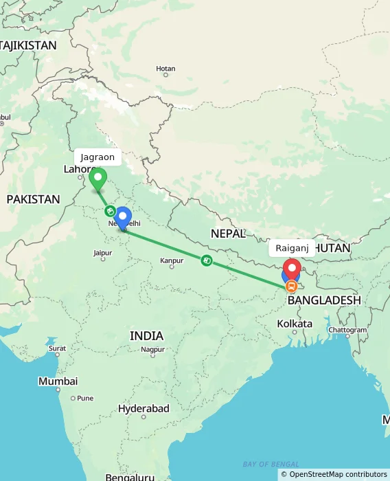 Route map showing distance and travel time from Jagraon, India to Raiganj, India