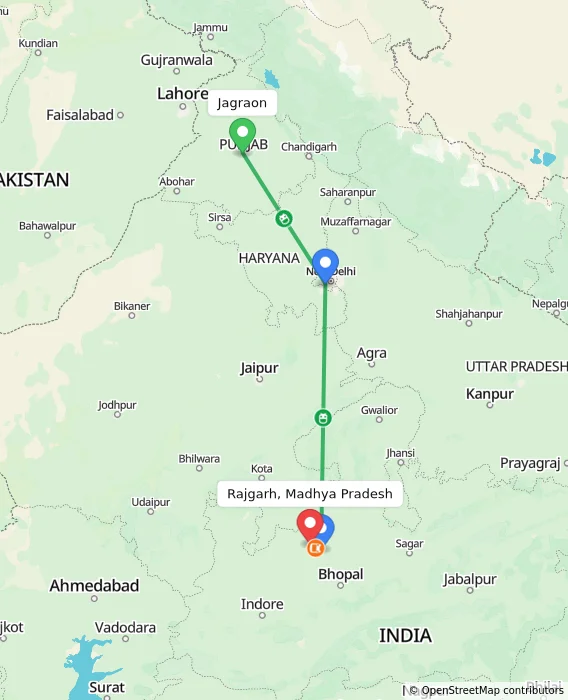 Route map showing distance and travel time from Jagraon, India to Rajgarh, Madhya Pradesh, India