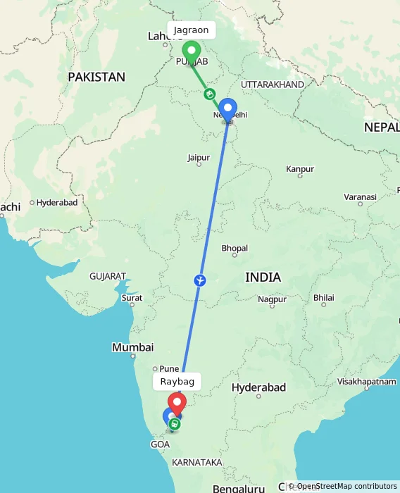 Route map showing distance and travel time from Jagraon, India to Raybag, India