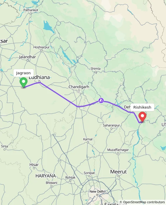 Route map showing distance and travel time from Jagraon, India to Rishikesh, India