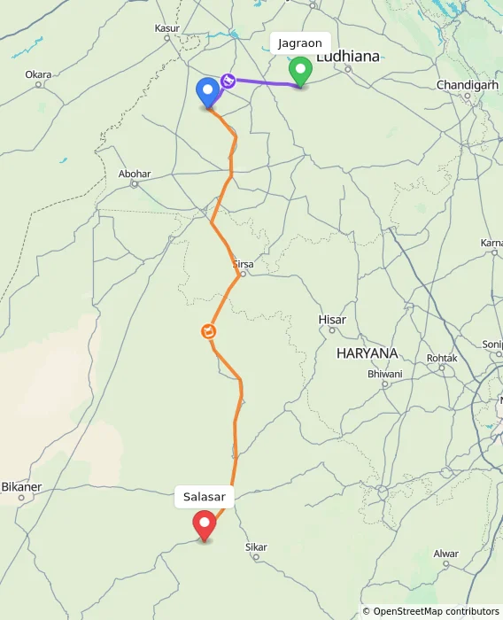Route map showing distance and travel time from Jagraon, India to Salasar, India