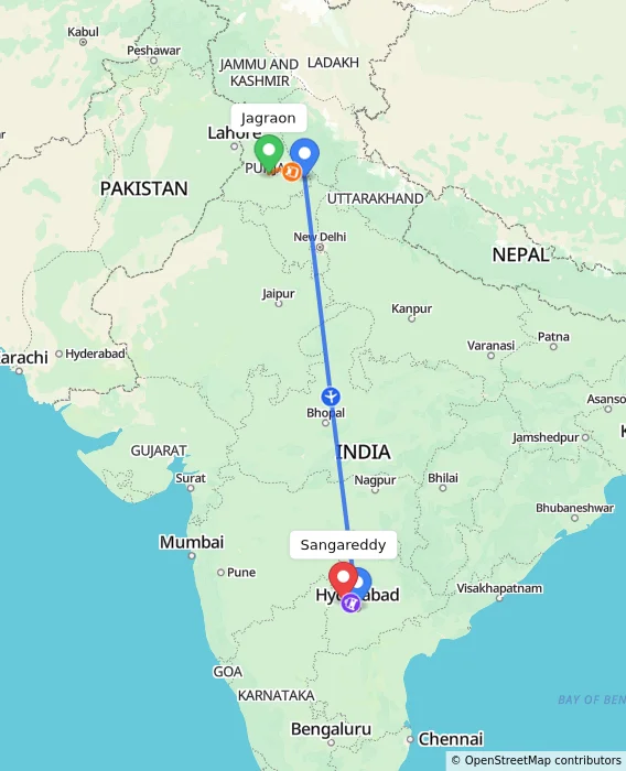 Route map showing distance and travel time from Jagraon, India to Sangareddy, India