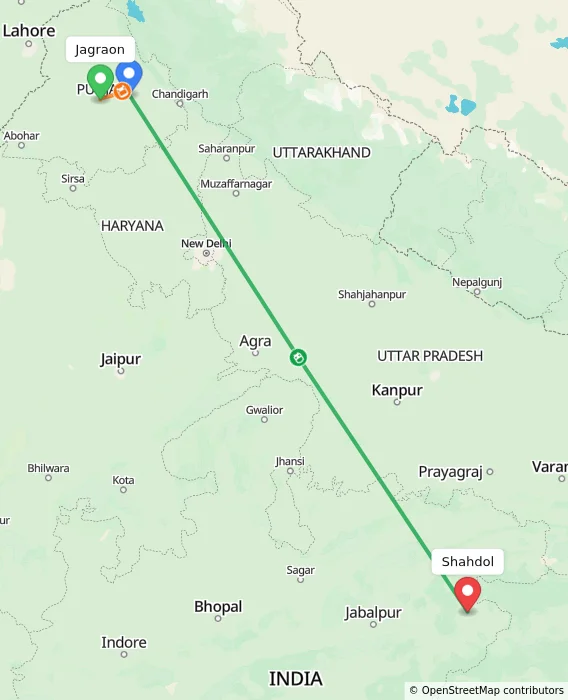 Route map showing distance and travel time from Jagraon, India to Shahdol, India