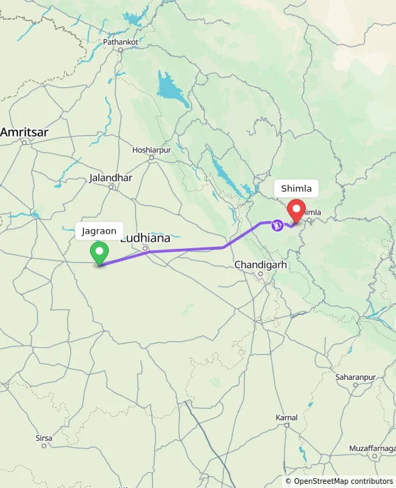 Route map showing distance and travel time from Jagraon, India to Shimla, India
