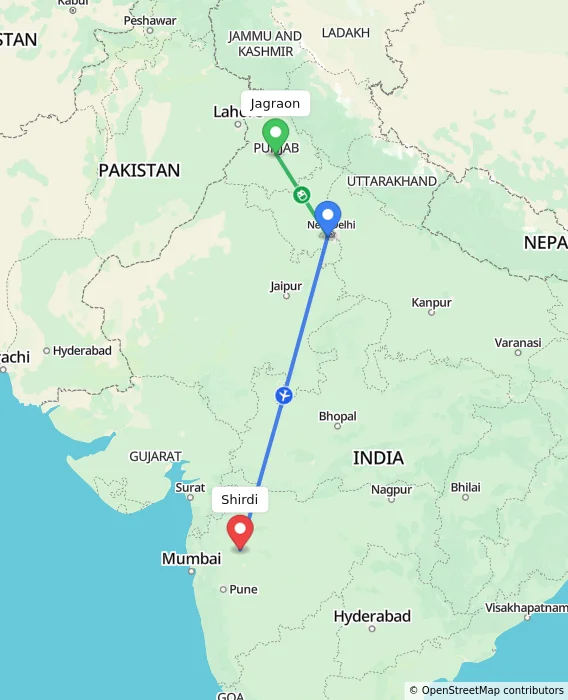 Route map showing distance and travel time from Jagraon, India to Shirdi, India
