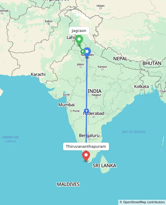 Route map showing distance and travel time from Jagraon, India to Thiruvananthapuram, India