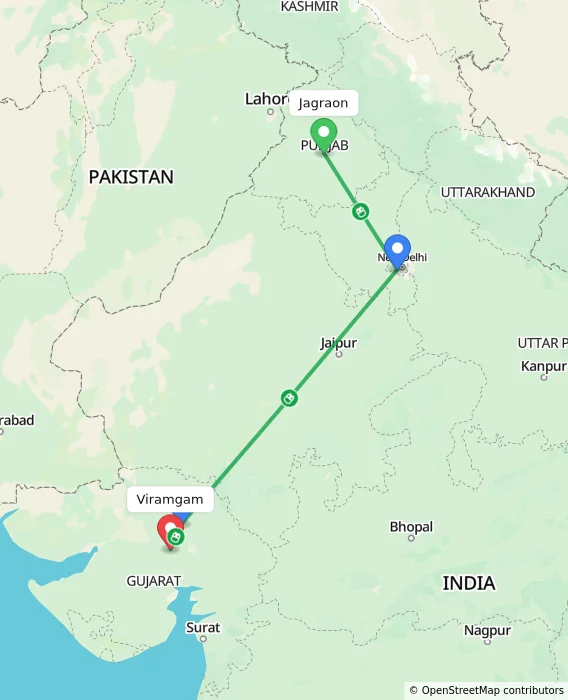 Route map showing distance and travel time from Jagraon, India to Viramgam, India