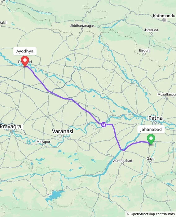 Route map showing distance and travel time from Jahanabad, India to Ayodhya, India