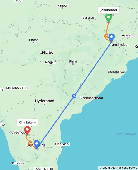 Route map showing distance and travel time from Jahanabad, India to Challakere, India